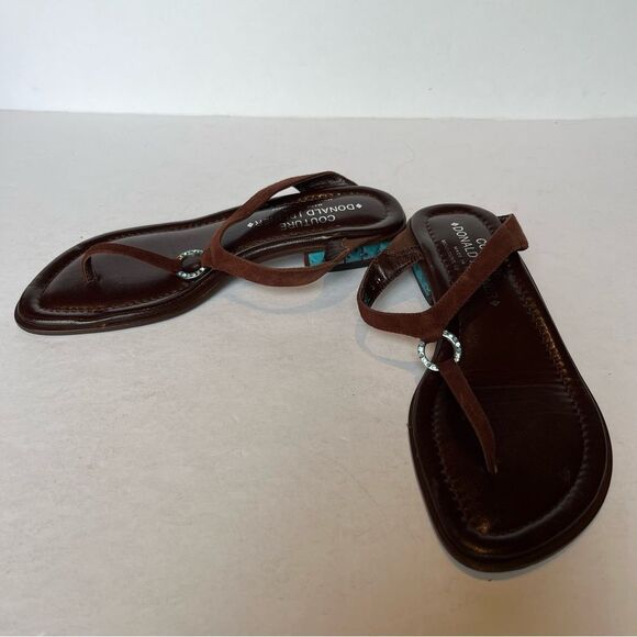 Couture Women's Brown Leather Thong Sandals Turquoise decor Size 6M - Picture 1 of 9